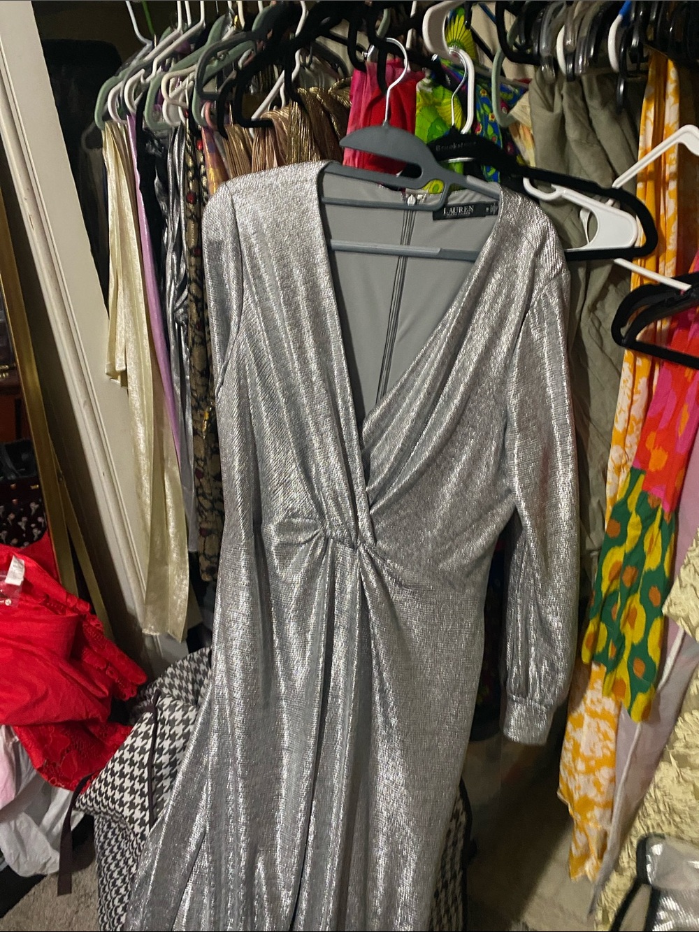 Ralph Lauren Silver Metallic Long-Sleeve Knot-Front Dress